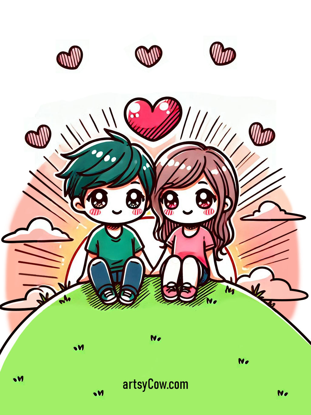 Valentines drawings with couple sitting on a hill embracing a heart-shaped sunset. A serene scene with cartoon-style characters and scattered hearts symbolizing love and togetherness.